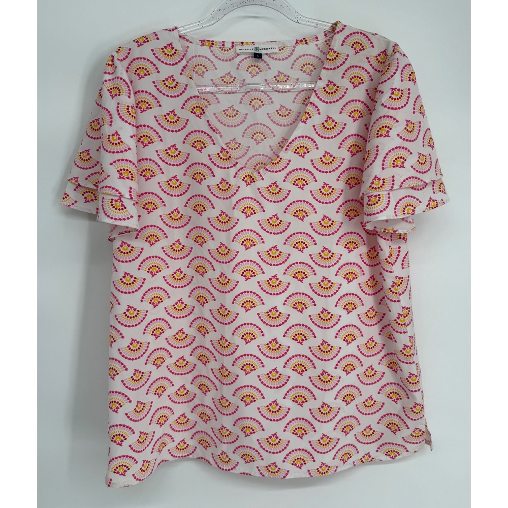 Michelle McDowell Pink Yellow Fan Print V-Neck Flutter Sleeve Blouse Sz L